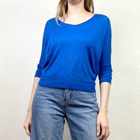 Express Blue Short Sleeve Open Back Lightweight Knit Top - Picture 1 of 6